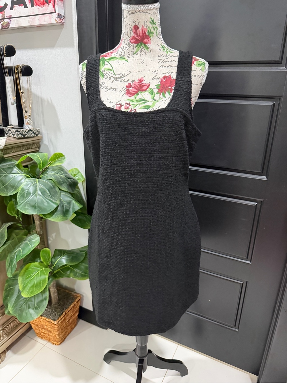 Divided Black Textured Mini Dress with Square Neck
